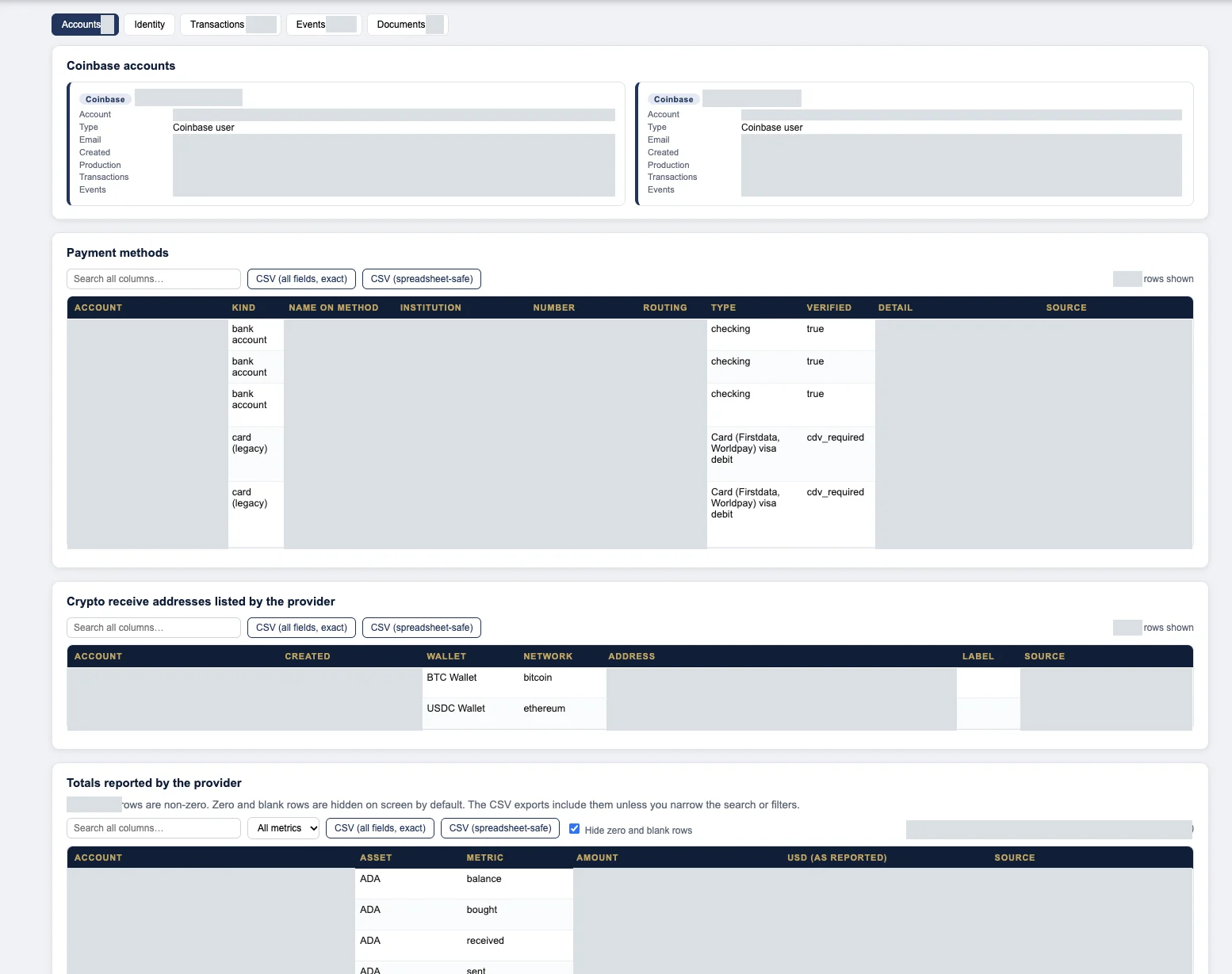 Coinbase account and payment views with identifiers obscured, while payment kinds, verification states, wallet labels, networks, and asset metrics remain visible.