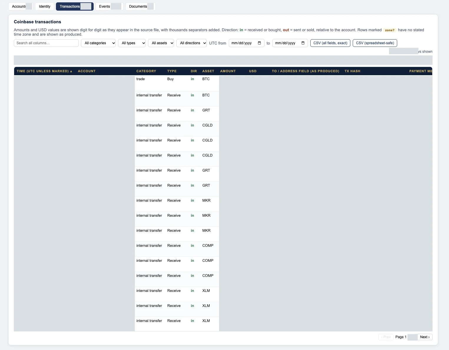 Coinbase transaction view retaining transaction categories, types, directions, assets, and filters, with identifying details permanently covered.