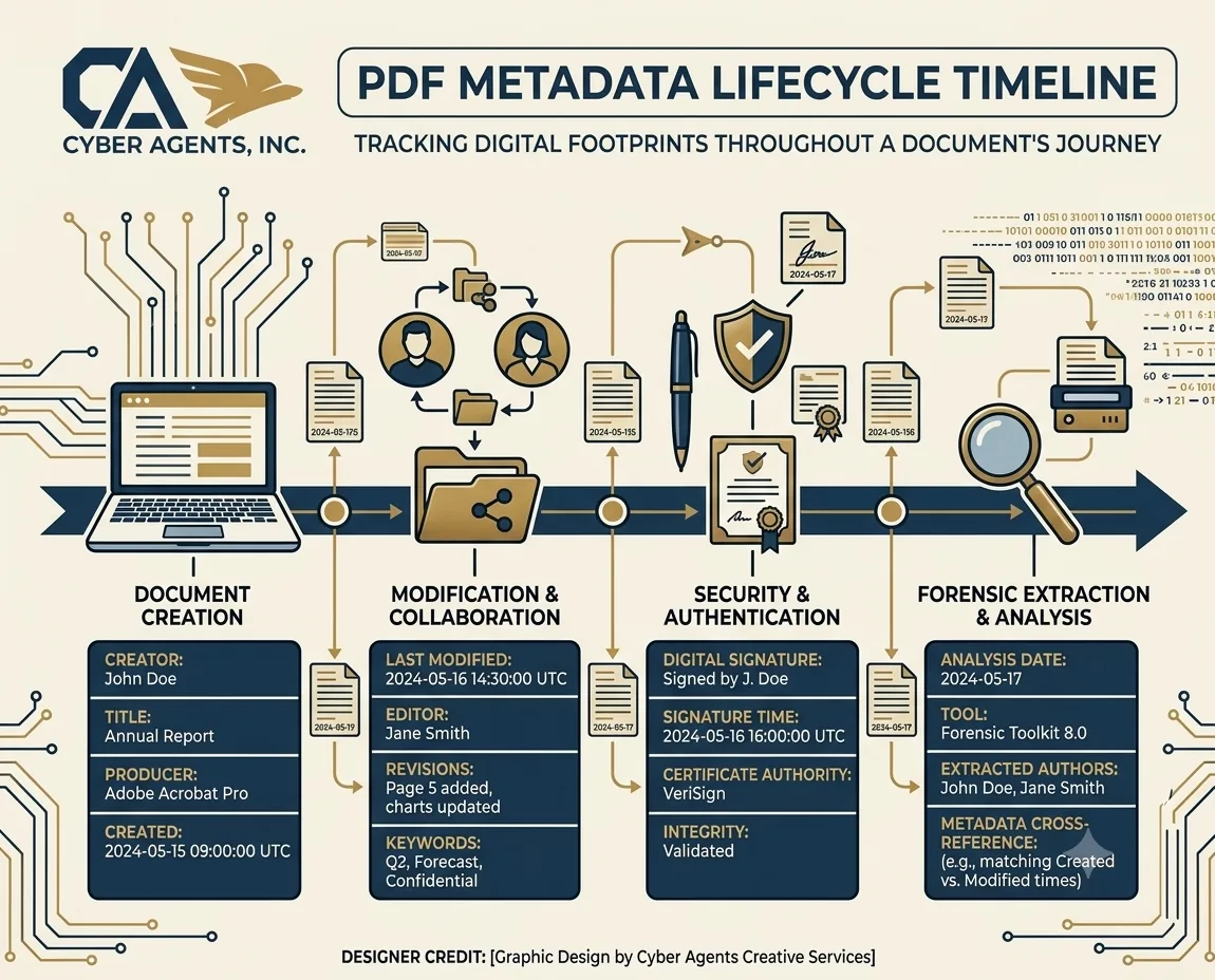 Timeline of dated PDF objects discovered during a forensic document examination