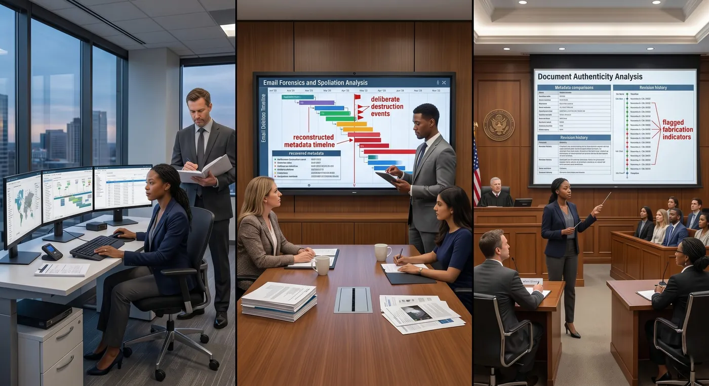 An examiner reviewing case documents and digital evidence alongside counsel.