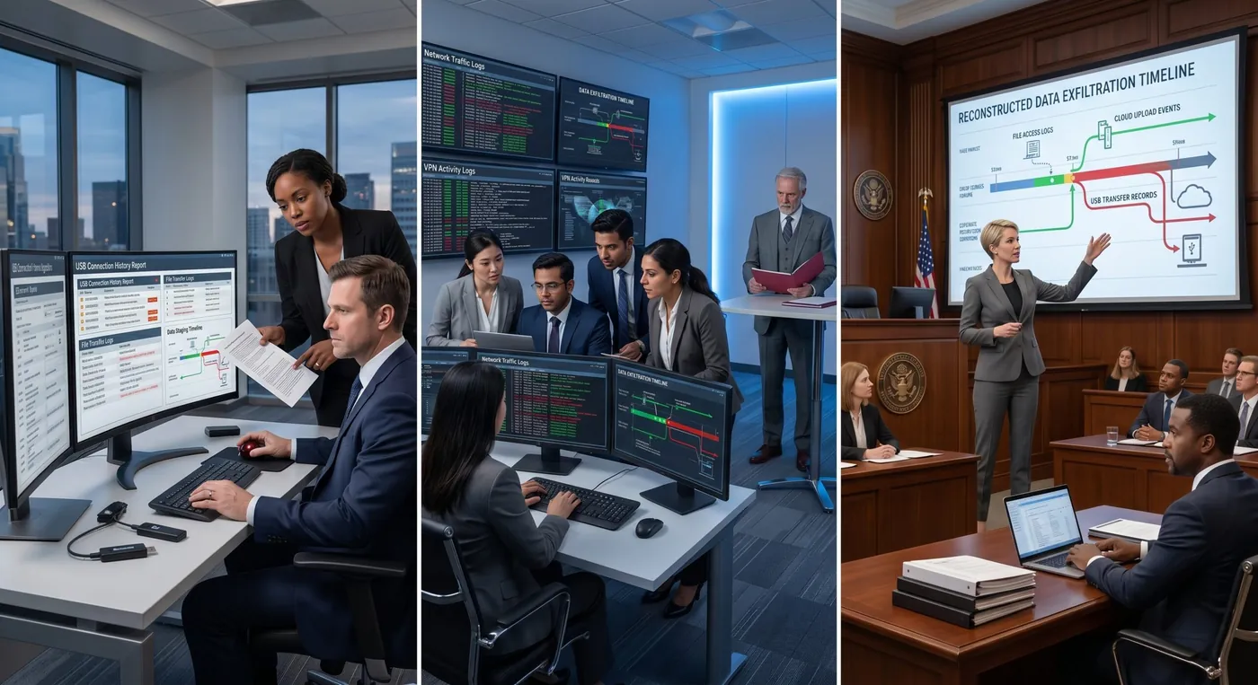 A forensic examiner tracing file transfer activity across an employee endpoint to document data exfiltration.