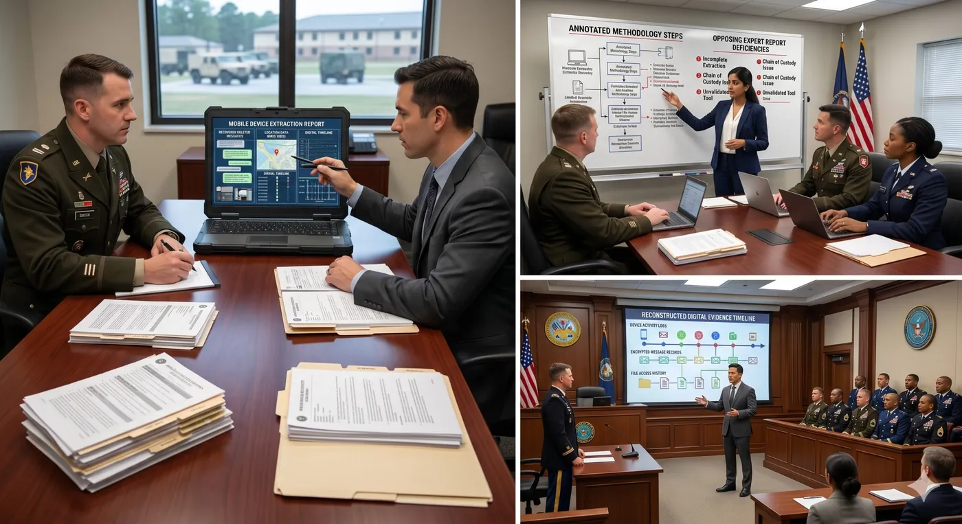 A forensic examiner presenting mobile device evidence to prosecuting counsel in a review room.