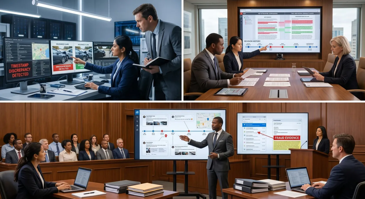 An examiner authenticating claim photographs by comparing embedded metadata against the images on a dual-monitor workstation.