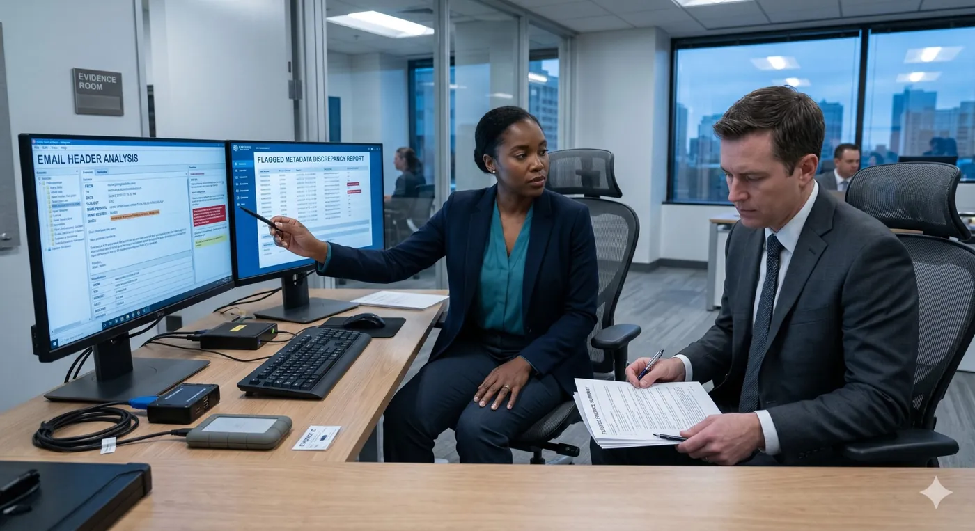 An examiner analysing an email header on one monitor and a flagged metadata discrepancy report on another, reviewed alongside a litigator.