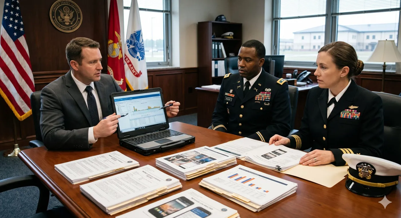 A digital forensic examiner briefing a uniformed service member across a conference table on mobile device evidence.