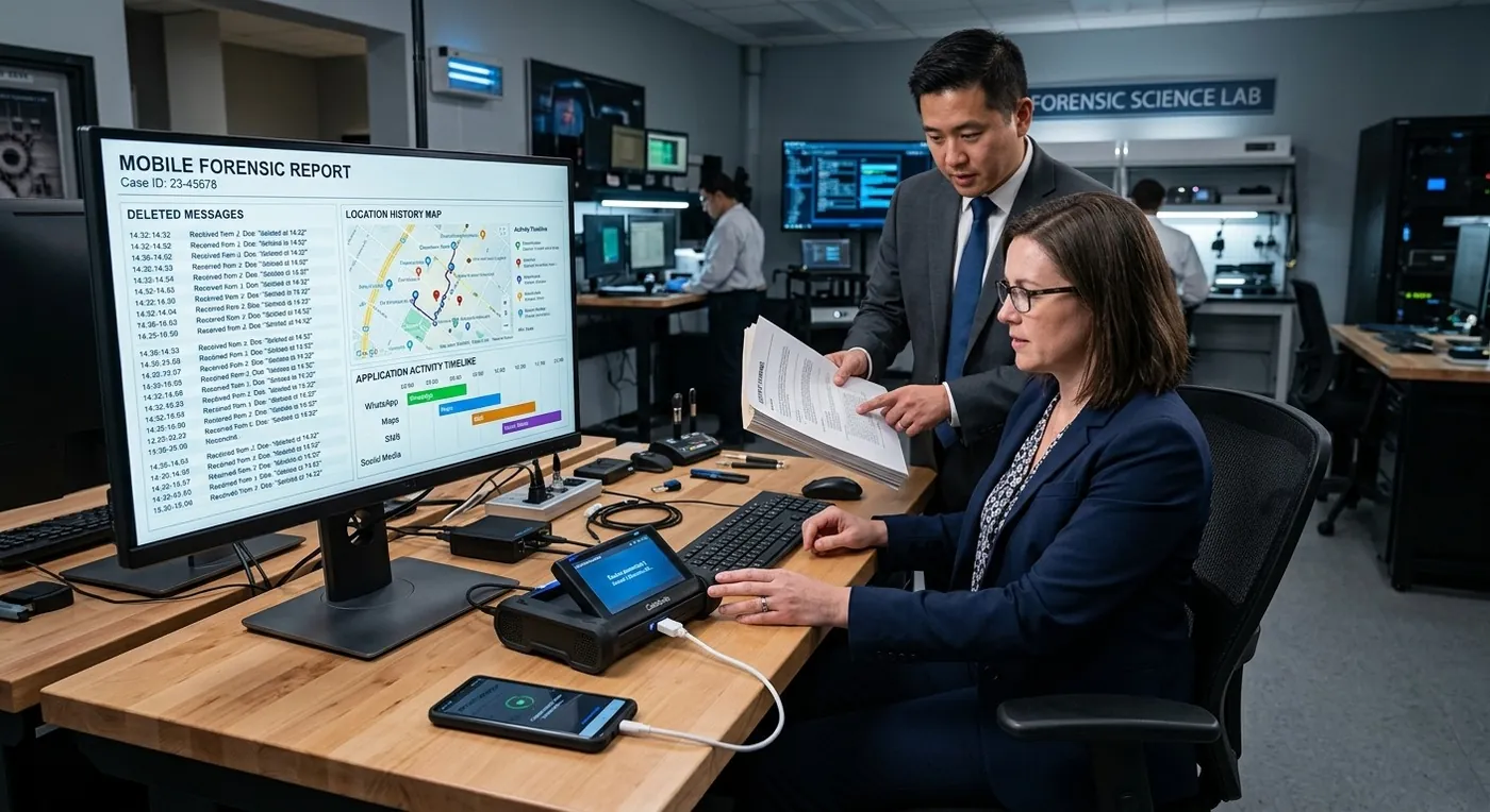 A forensic examiner extracting data from a mobile phone connected to a forensic workstation in a laboratory setting.